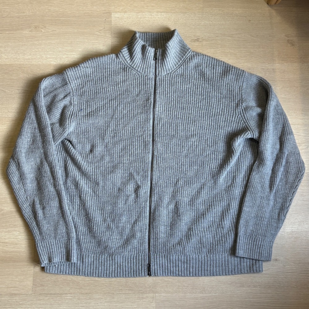 Quince Mens XXL Gray 100% Merino Wool Ribbed Full Zip Mock Neck Sweater Cardigan